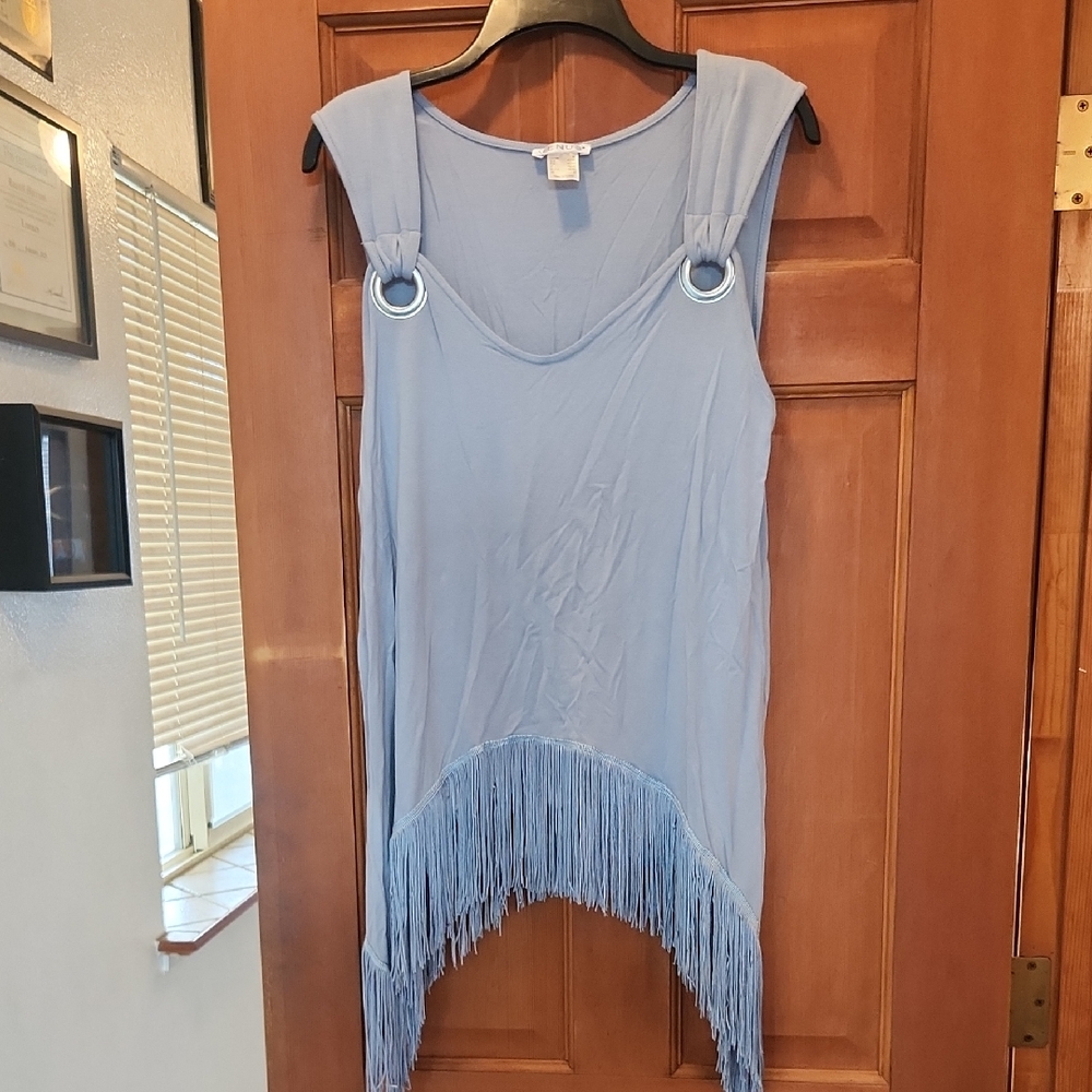 VENUS Light Blue Fringe Tunic Loose Fit Tank Top